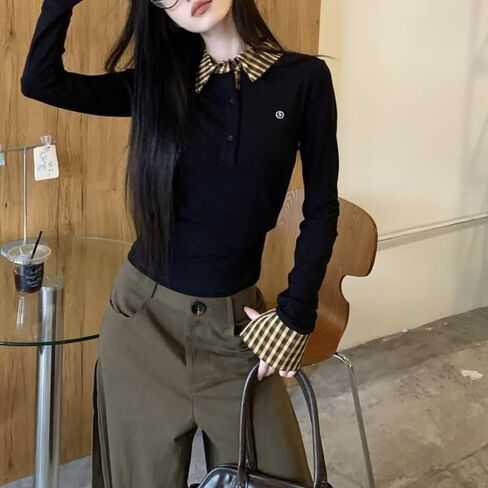 لطيف coquette خمر أعلى المحملات preppy مزيفة من قطعتين طويل الأكمام رفيعة رفيعة ملاءمة تي شيرت المربع للنساء in Kuwait