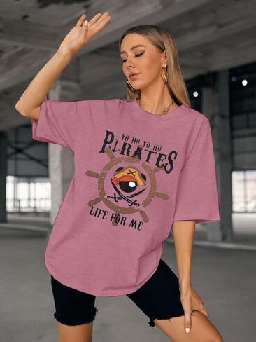 Pirate Shirts Women Yo Ho Yo Ho A Pirate Life for Me Graphic Tee Oversized Family Cruise Trip Causal Tee Top in Saudi Arabia