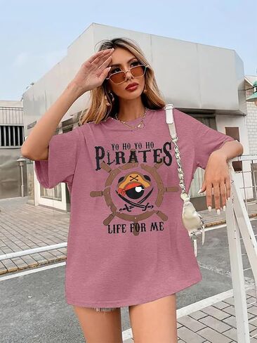 Pirate Shirts Women Yo Ho Yo Ho A Pirate Life for Me Graphic Tee Oversized Family Cruise Trip Causal Tee Top in Saudi Arabia