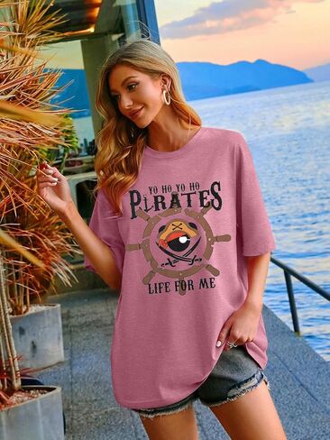 Pirate Shirts Women Yo Ho Yo Ho A Pirate Life for Me Graphic Tee Oversized Family Cruise Trip Causal Tee Top in Saudi Arabia