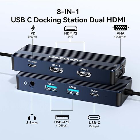 ANYOYO USB C Docking Station, 8 in 1 Docking Station Dual Monitor, Docking Station 3 Monitors with Dual HDMI and VGA, 5Gbps Data Transfers, Laptop Dock for MacBook Air/Pro,Dell XPS,HP, Lenovo(Gray) in Kuwait