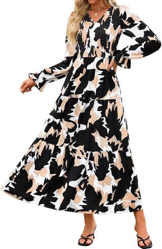 Zesica Women's Fall Long Sleeve Floral Boho Dress 2025 Casual V Neck A-LINE FREED WELDY GUED MAXI in Saudi Arabia