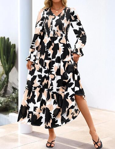 Zesica Women's Fall Long Sleeve Floral Boho Dress 2025 Casual V Neck A-LINE FREED WELDY GUED MAXI in Saudi Arabia