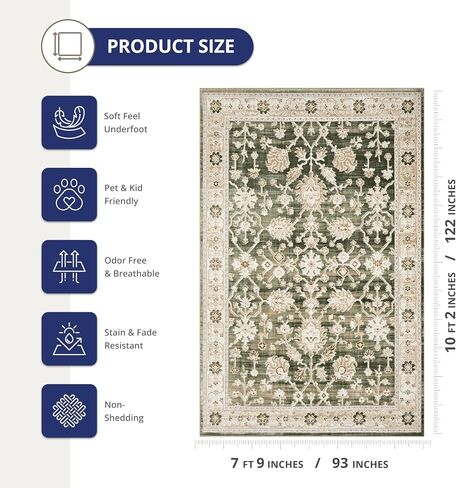 سجادة منطقة مزرعة زهرية خضراء-8 '× 10'-تصميم نباتي أنيق-مجموعة اللبلاب-غير محطمة ، مقاومة للتلاشي ، سهلة التنظيف-متينة للمناطق ذات المرور العالي-غرفة المعيشة وغرفة النوم in Saudi Arabia
