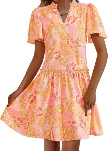 BTFBM Women Summer Dresses 2025 Short Sleeve V Neck Tiered Ruffle Boho Swing Dress A-Line Floral Mini Dresses in Kuwait