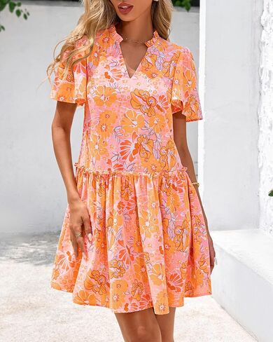 BTFBM Women Summer Dresses 2025 Short Sleeve V Neck Tiered Ruffle Boho Swing Dress A-Line Floral Mini Dresses in Kuwait