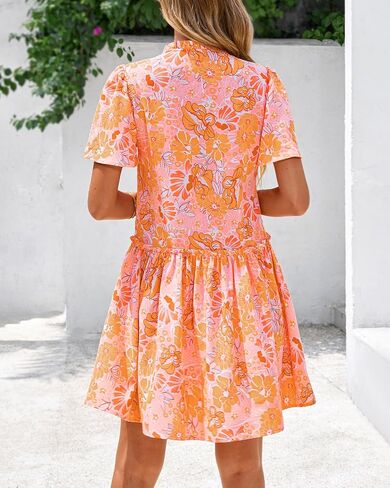 BTFBM Women Summer Dresses 2025 Short Sleeve V Neck Tiered Ruffle Boho Swing Dress A-Line Floral Mini Dresses in Kuwait