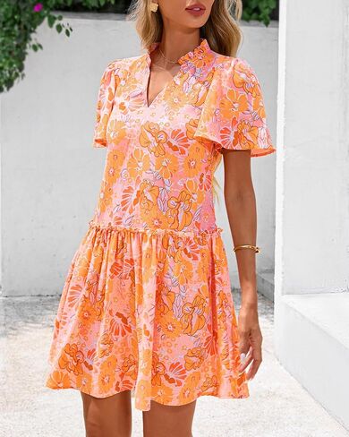 BTFBM Women Summer Dresses 2025 Short Sleeve V Neck Tiered Ruffle Boho Swing Dress A-Line Floral Mini Dresses in Kuwait