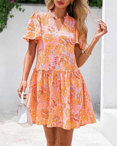 BTFBM Women Summer Dresses 2025 Short Sleeve V Neck Tiered Ruffle Boho Swing Dress A-Line Floral Mini Dresses in Kuwait
