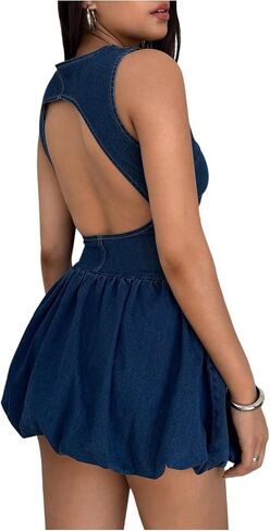 GORGLITTER Women's Denim Bubble Dress Cut Out Backless Sleeveless A Line Mini Summer Vacation Dresses in Saudi Arabia