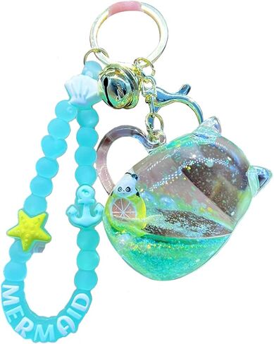 Cat Mug Floating Fruit Panda Keychain Cute Kawaii Green Liquid Quicksand Animal Keyring Car Keys Bag Pendant for Girl in Saudi Arabia