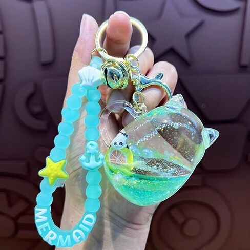 Cat Mug Floating Fruit Panda Keychain Cute Kawaii Green Liquid Quicksand Animal Keyring Car Keys Bag Pendant for Girl in Saudi Arabia