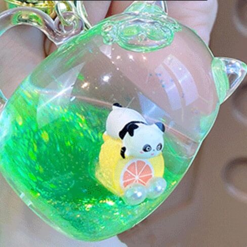Cat Mug Floating Fruit Panda Keychain Cute Kawaii Green Liquid Quicksand Animal Keyring Car Keys Bag Pendant for Girl in Saudi Arabia