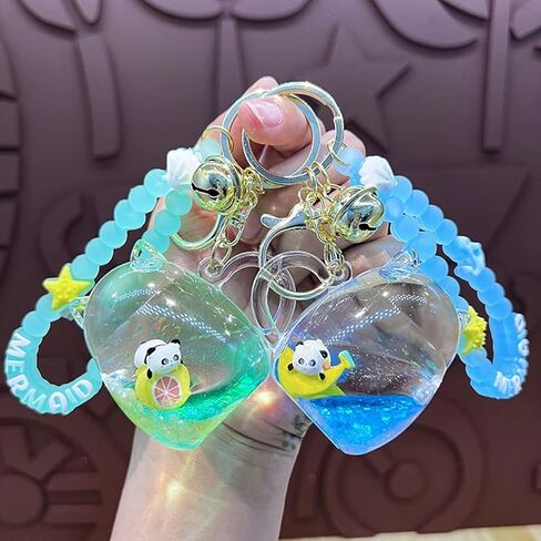 Cat Mug Floating Fruit Panda Keychain Cute Kawaii Green Liquid Quicksand Animal Keyring Car Keys Bag Pendant for Girl in Saudi Arabia