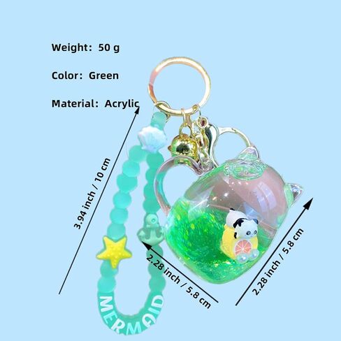 Cat Mug Floating Fruit Panda Keychain Cute Kawaii Green Liquid Quicksand Animal Keyring Car Keys Bag Pendant for Girl in Saudi Arabia