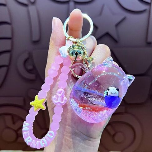 Cat Mug Floating Fruit Panda Keychain Cute Kawaii Pink Liquid Quicksand Animal Keyring Car Keys Bag Pendant for Girl in Saudi Arabia
