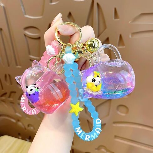 Cat Mug Floating Fruit Panda Keychain Cute Kawaii Pink Liquid Quicksand Animal Keyring Car Keys Bag Pendant for Girl in Saudi Arabia