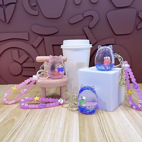 Cat Mug Floating Fruit Panda Keychain Cute Kawaii Pink Liquid Quicksand Animal Keyring Car Keys Bag Pendant for Girl in Saudi Arabia