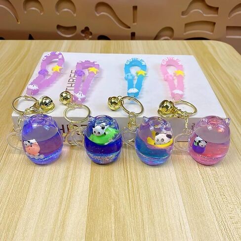 Cat Mug Floating Fruit Panda Keychain Cute Kawaii Pink Liquid Quicksand Animal Keyring Car Keys Bag Pendant for Girl in Saudi Arabia