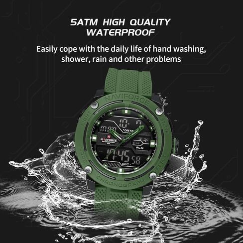 NAVIFORCE 5ATM Waterproof Sport Watches for Men Silicone Band Quartz Analog Digital Alarm Clock Chronograph Luminous Wristwatch in Kuwait
