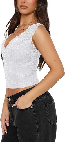 Reoria Womens Sexy v Neck Disteless Y2K Strendy Lace Braged Tails Tops Double Cloy Cloy Out Top in Saudi Arabia