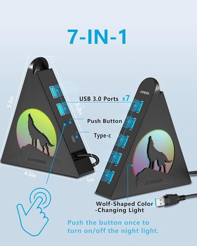 7 Port USB 3.0 Hub ، محور USB الوردي مع ضوء ليلي على شكل الذئب ، كابل طويل 2 قدم وقاعدة وردية ، للكمبيوتر المحمول ، الكمبيوتر ، محرك أقراص فلاش ، HDD ، وحدة التحكم ، الطابعة ، Keyborad ، الماوس والمزيد (شحن غير مدعوم) in Kuwait
