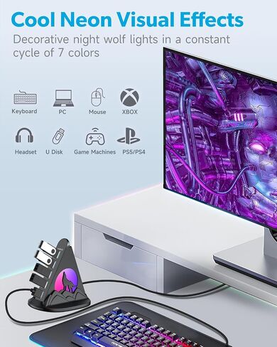 7 Port USB 3.0 Hub ، محور USB الوردي مع ضوء ليلي على شكل الذئب ، كابل طويل 2 قدم وقاعدة وردية ، للكمبيوتر المحمول ، الكمبيوتر ، محرك أقراص فلاش ، HDD ، وحدة التحكم ، الطابعة ، Keyborad ، الماوس والمزيد (شحن غير مدعوم) in Kuwait
