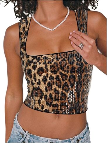 SOLY HUX Women’s Leopard Sequin Tank Top Square Neck Diveless Y2K Cheetah Print Brucs Tops in Kuwait