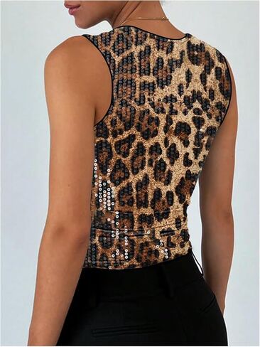 SOLY HUX Women’s Leopard Sequin Tank Top Square Neck Diveless Y2K Cheetah Print Brucs Tops in Kuwait