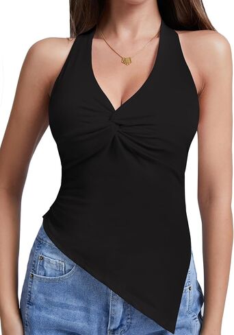 Y2k Halter Tops for Women Going Out Summer Tank Top Trendy Sexy Asymmetrical Backless Tie Back Camisole Shirts in Saudi Arabia