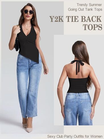 Y2k Halter Tops for Women Going Out Summer Tank Top Trendy Sexy Asymmetrical Backless Tie Back Camisole Shirts in Saudi Arabia
