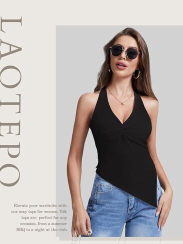 Y2k Halter Tops for Women Going Out Summer Tank Top Trendy Sexy Asymmetrical Backless Tie Back Camisole Shirts in Saudi Arabia