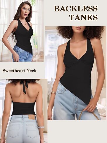 Y2k Halter Tops for Women Going Out Summer Tank Top Trendy Sexy Asymmetrical Backless Tie Back Camisole Shirts in Saudi Arabia