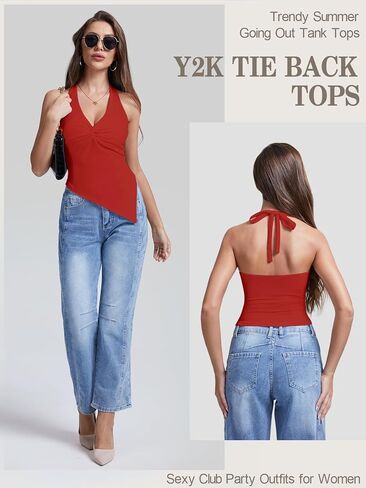Y2k Halter Tops for Women Going Out Summer Tank Top Trendy Sexy Asymmetrical Backless Tie Back Camisole Shirts in Saudi Arabia