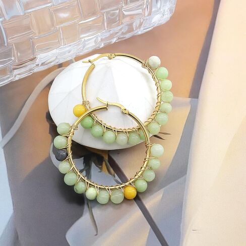 Colorful Natural Stone Hoop Dangle Earrings for Women Minimalist Gold Plated Geometric Beaded Round Huggie Earrings Trendy Boho Statement Jewelry Gift in Saudi Arabia