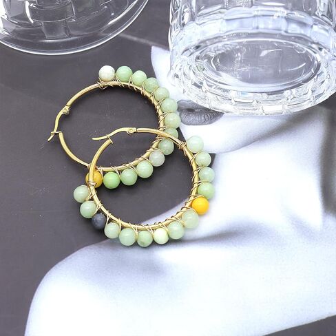 Colorful Natural Stone Hoop Dangle Earrings for Women Minimalist Gold Plated Geometric Beaded Round Huggie Earrings Trendy Boho Statement Jewelry Gift in Saudi Arabia