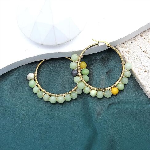 Colorful Natural Stone Hoop Dangle Earrings for Women Minimalist Gold Plated Geometric Beaded Round Huggie Earrings Trendy Boho Statement Jewelry Gift in Saudi Arabia