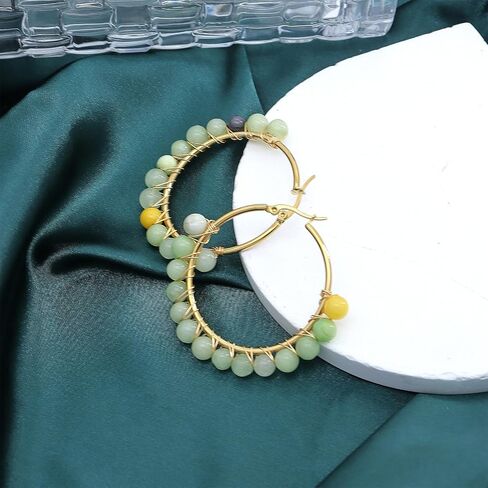 Colorful Natural Stone Hoop Dangle Earrings for Women Minimalist Gold Plated Geometric Beaded Round Huggie Earrings Trendy Boho Statement Jewelry Gift in Saudi Arabia