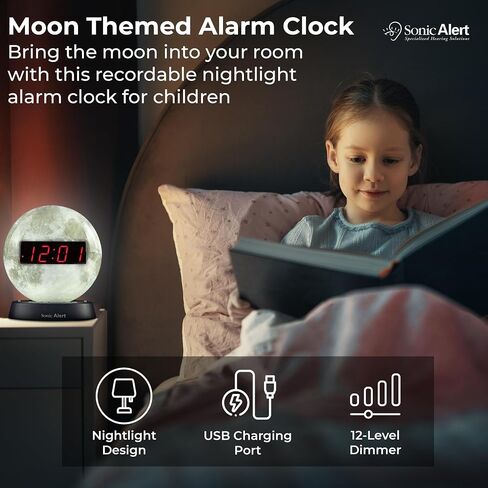 Sonic Alert Moon Allar Clocklight ضوء الليل | الضوء المحيط الناعم للأطفال في الظلام | على مدار الساعة القابلة للتسجيل للنوم الثقيل | مكبر صوت مدمج in Kuwait