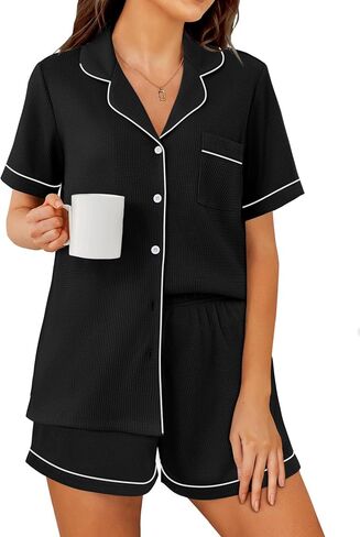 Ekouaer Womens Waffle Knit Pajama Sets Soft Short Sleeve Button Down Sleepwear Cozy 2 قطعة شورت PJS in Saudi Arabia