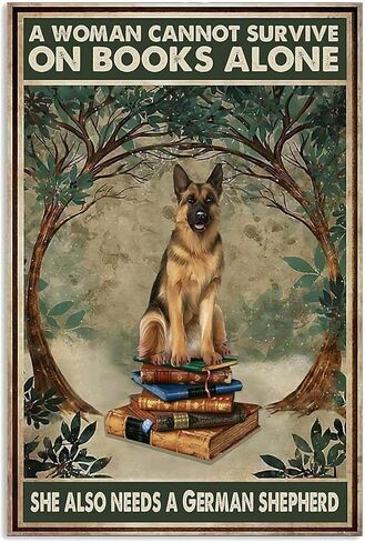 Yyn Creative Tin Signs Woman Love German Shepherd Dog and Book Metal Tin Sign Decor Decor Tin Signs Fun Novelty Sign Farmhouse Decords for Women Men Friends 8x12 Inch in Kuwait