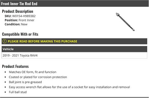 Front Inner Tie Rod End - Compatible with 2019-2021 Toyota RAV4 in Saudi Arabia