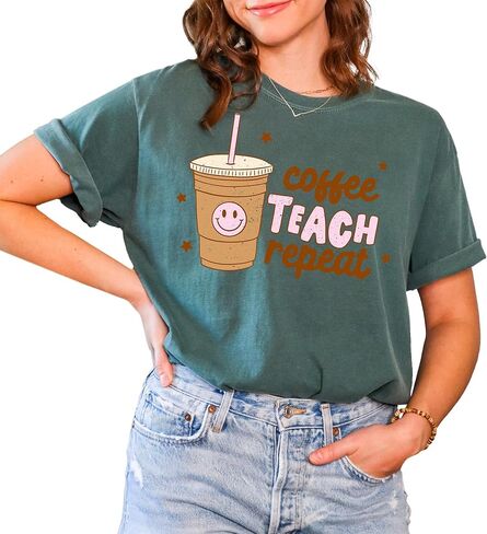 Funny Design T-Shirt: Coffee Teach Repeat, Graphic Tee for Women, Men, Unisex, 100% Cotton in Kuwait