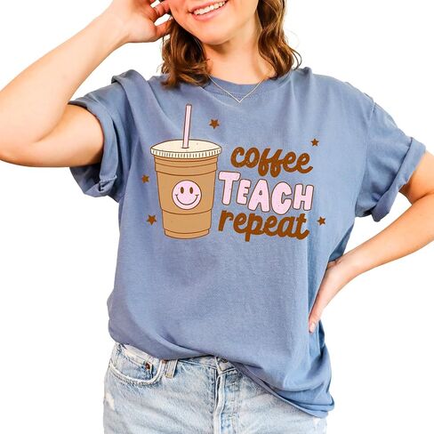 Funny Design T-Shirt: Coffee Teach Repeat, Graphic Tee for Women, Men, Unisex, 100% Cotton in Kuwait