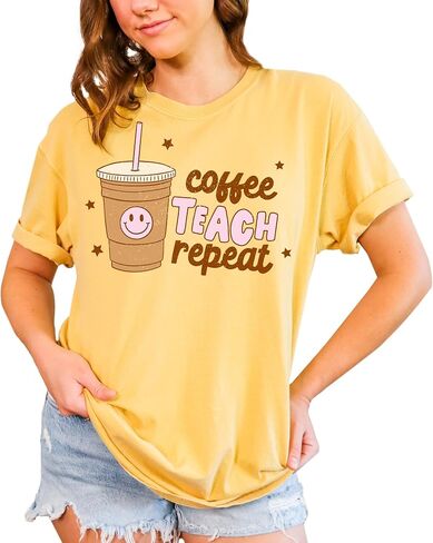 Funny Design T-Shirt: Coffee Teach Repeat, Graphic Tee for Women, Men, Unisex, 100% Cotton in Kuwait