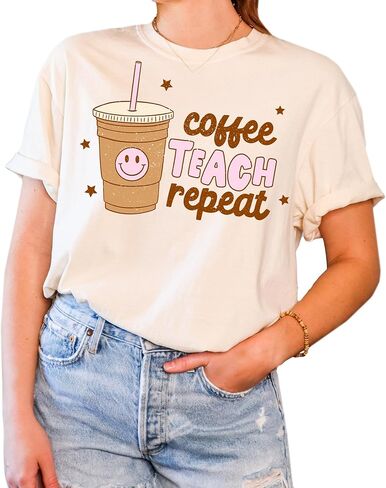 Funny Design T-Shirt: Coffee Teach Repeat, Graphic Tee for Women, Men, Unisex, 100% Cotton in Kuwait