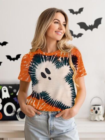 Women Boo Ghost Halloween Shirt Funny Halloween Costume Tshirts Short Sleeve Graphic Tee Tops in Kuwait