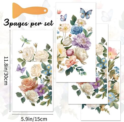 3 Sheets Flower Rub on Transfer Vintage Floral Rub on Transfers Vivid Flower Decal Stickers Durable Waterproof Redesign Furniture Sticker for Wood Furniture Wood Home Paper DIY Craft in Kuwait