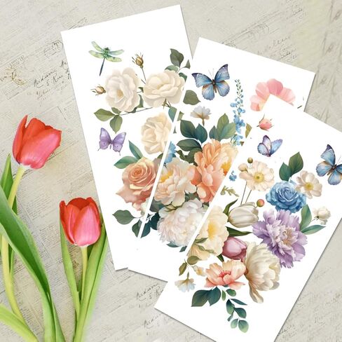 3 Sheets Flower Rub on Transfer Vintage Floral Rub on Transfers Vivid Flower Decal Stickers Durable Waterproof Redesign Furniture Sticker for Wood Furniture Wood Home Paper DIY Craft in Kuwait
