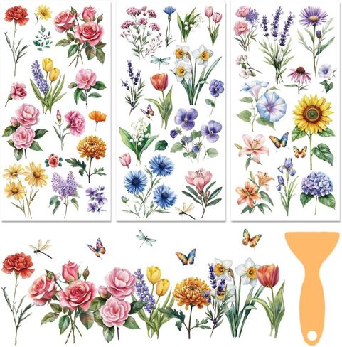 3 Sheets Flower Rub on Transfer Vintage Floral Rub on Transfers Vivid Flower Decal Stickers Durable Waterproof Redesign Furniture Sticker for Wood Furniture Wood Home Paper DIY Craft in Saudi Arabia